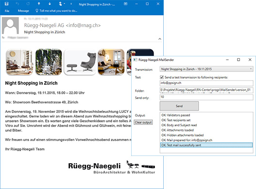 Screenshots der Mail-Sender-Applikation und des responsive HTML-Mail-Templates